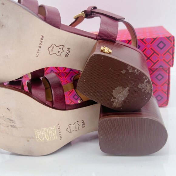 TORY BURCH FISHERMAN BLOCK HEEL SANDALS Claret Red Leather Womens US 6.5 - Picture 10 of 10